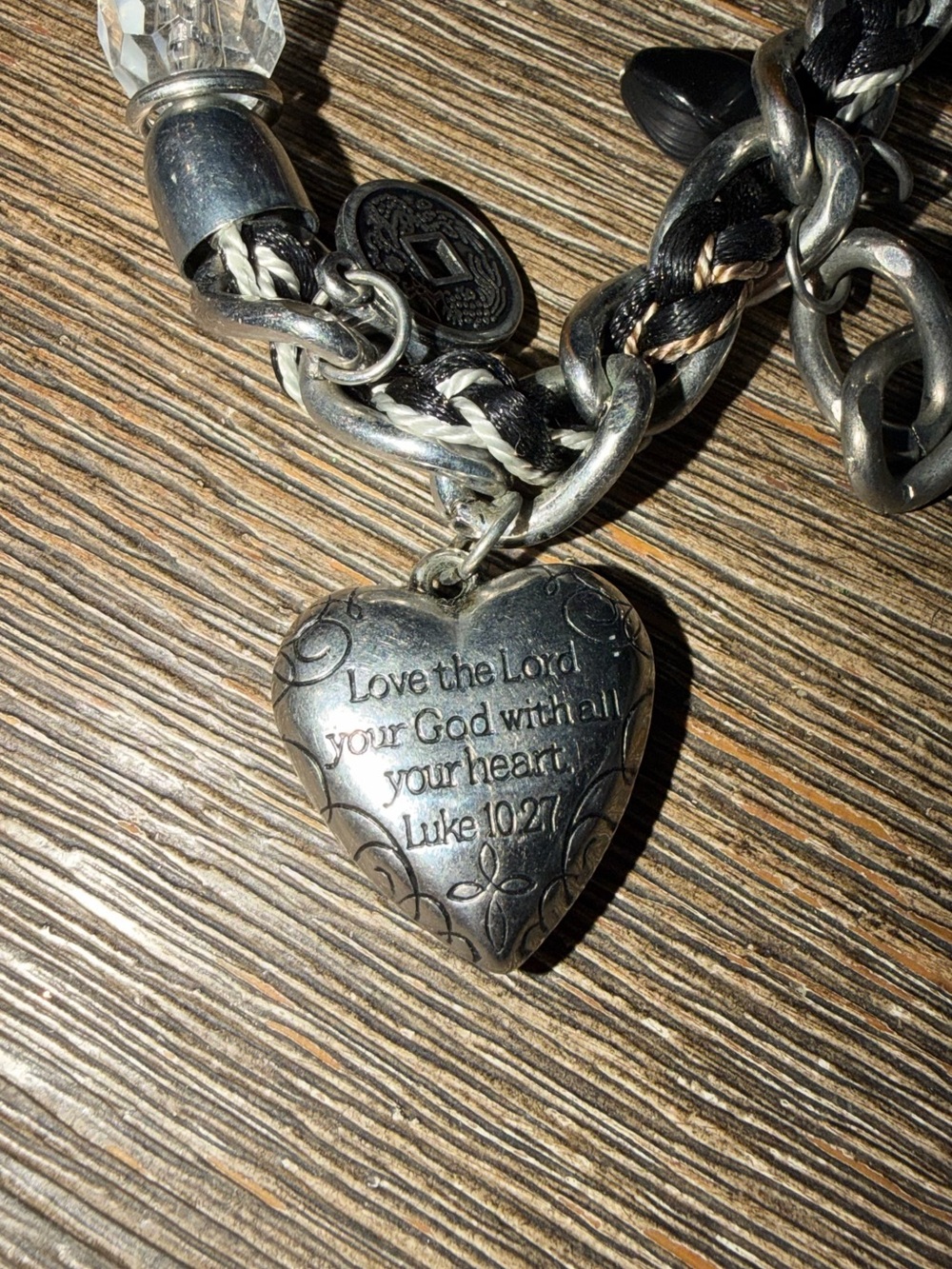 Chunky silver and black Charmed I'm sure  heart verse  Luke 10:27 necklace 21” - Picture 15 of 16